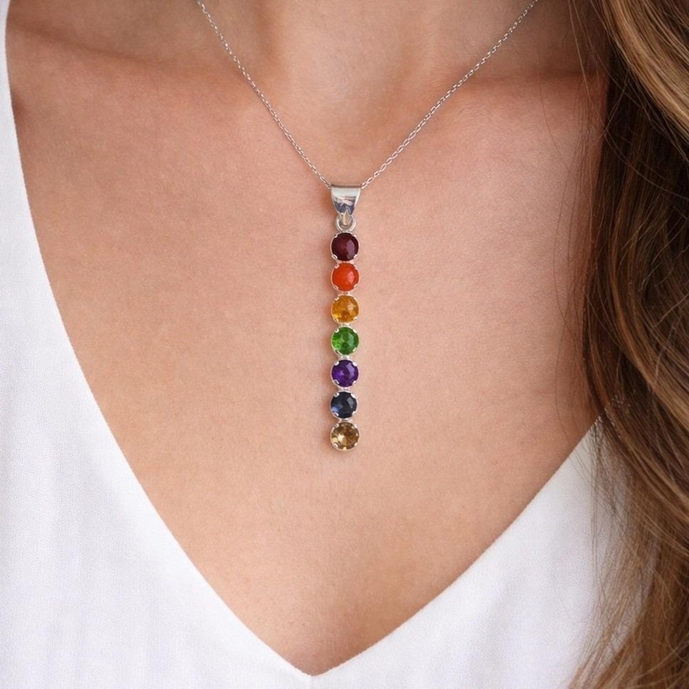 Vintage Sterling Silver Rainbow Gemstone Pendant | Multistone Vertical Charm